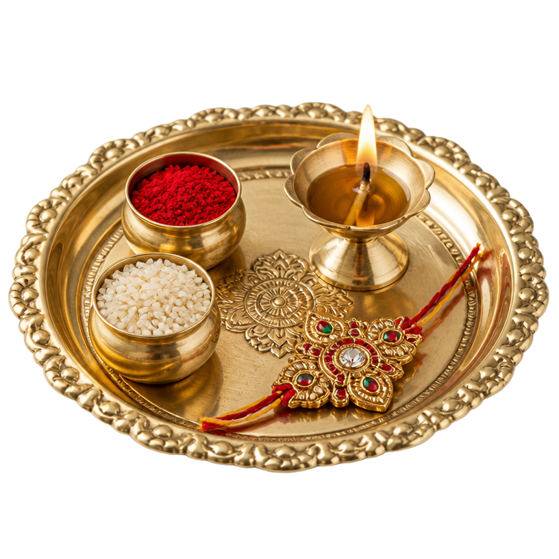 Brass pooja thali with roli, chawal and diya